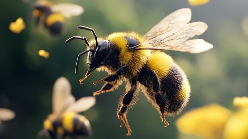 Close-up of a flying bumblebee over soft green background.