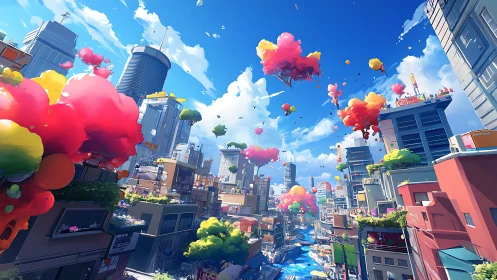 Digital painting of a color-saturated futuristic urban skyline.