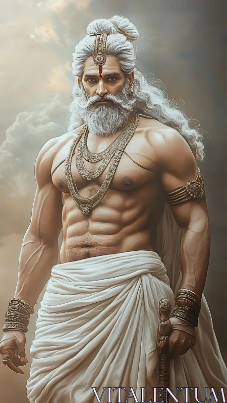 Mythic warrior sage stands in stormlit divine serenity