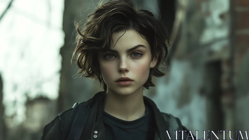 Steel-eyed drifter girl amid crumbling city echoes.