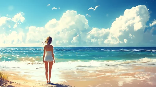 Backlit woman studies luminous ocean horizon under towering clouds