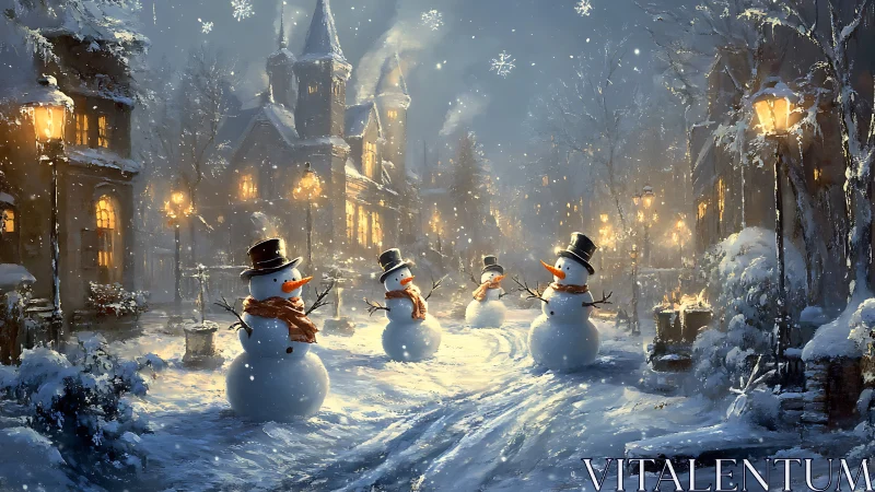 Snowmen occupy snowy village street under warm lamplight