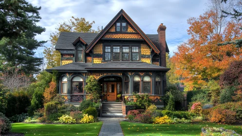 Victorian style house with landscaped autumn front garden.