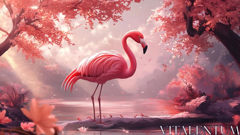Elegant flamingo stands amid dreamy pink forest lagoon.