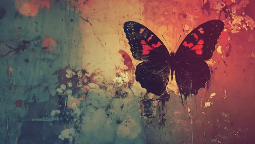 Dark butterfly against textured teal and orange wall background.
