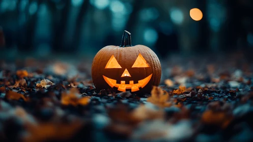 Jack o lantern grins bravely through the blue dusk chill