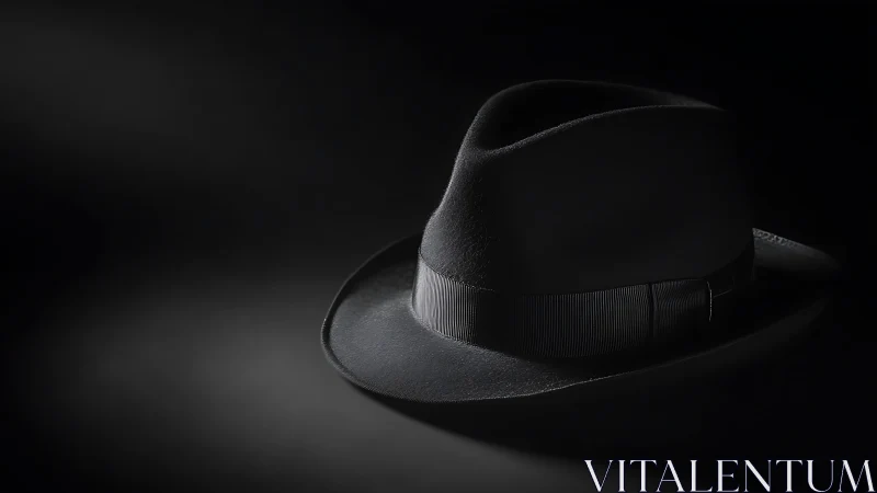 Soft spotlight on a quiet black fedora in deep shadow.