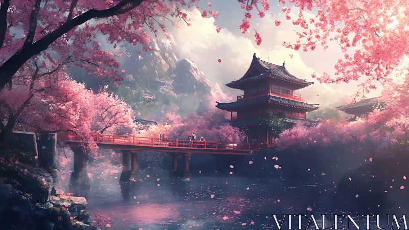 Sakura temple bridge spans misty river under glowing peaks.