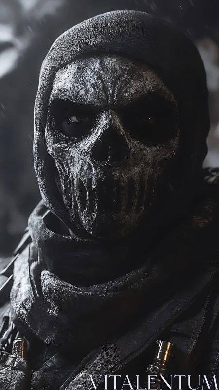 Brooding skull-masked warrior waits in the cold, quiet rain