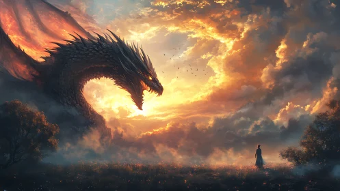 Sunlit dragon confronting lone figure in open field.