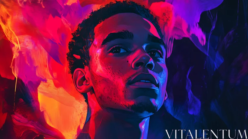 Digital portrait of person in intense red and blue lighting.