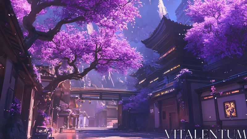 Neon-lit cherry blossoms transform a tranquil temple street.