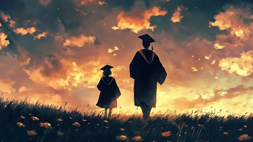 Graduates walking through meadow under luminous sunset sky.