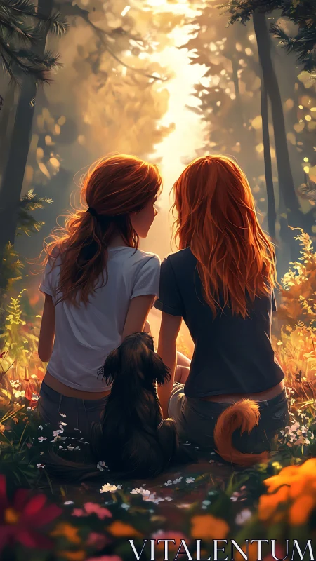 Two figures with red hair viewed from behind in illuminated forest environment.