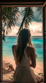 Woman viewed from behind at tropical beach window frame.