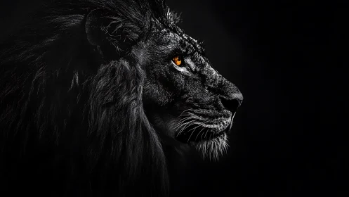 Black lion profile shows detailed fur and single amber eye