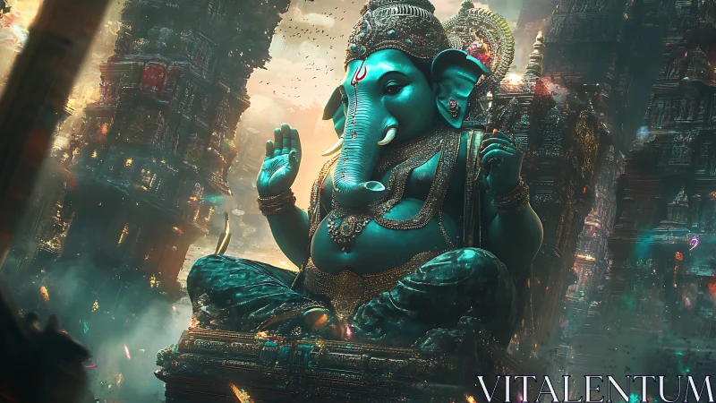 Majestic turquoise Ganesha presides over glowing temple city.