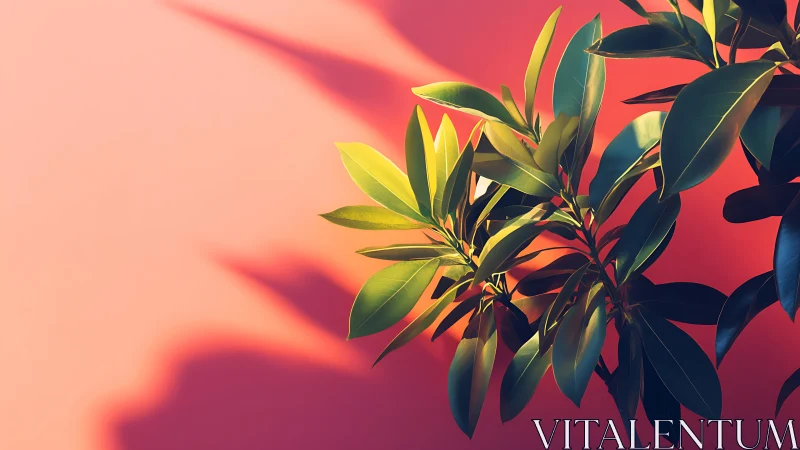 Lush green plant casting shadows on pink wall, modern minimal style.