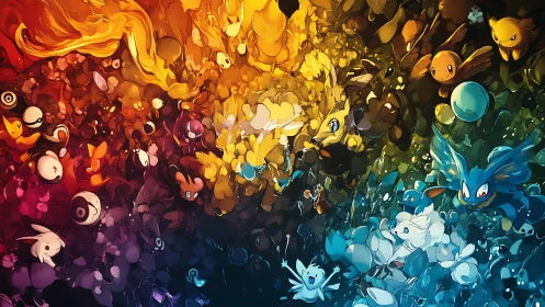 Chromatic Pokemon swarm rendered as dense abstract spectrum field