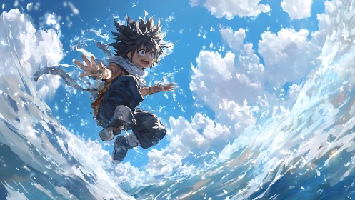 Sky-splashed boy tumbles joyfully between wave and cloud