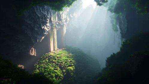 Sunlit pixel cavern garden wrapped in soft morning mist.