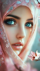 Blue-eyed woman framed by floral veil and blossoms.