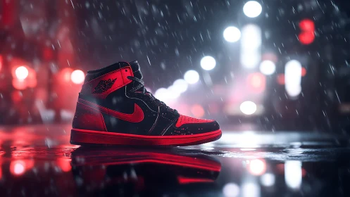 Bold red and black sneaker glowing in a rainy city night.
