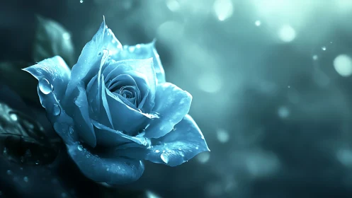 Blue rose glows under soft bokeh light with dewdrops