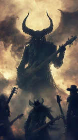 Demonic bass warlord leading infernal metal guitar legion.