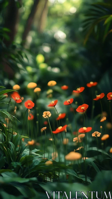 Red Tulips Bloom Through Verdant Garden Haze