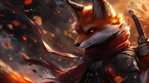Anthropomorphic fox warrior in ember-streaked, high-contrast lighting
