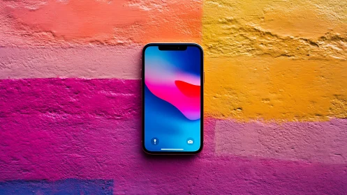 Black smartphone displaying vibrant blue-pink gradient wallpaper on multicolored textured wall.