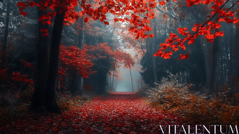 Autumn Forest Path with Red Foliage and Morning Mist.