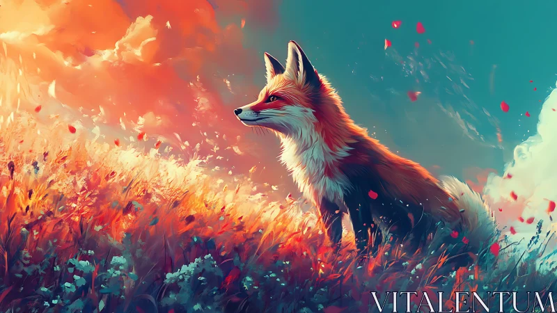 Digital painting of fox in luminous meadow with atmospheric light.