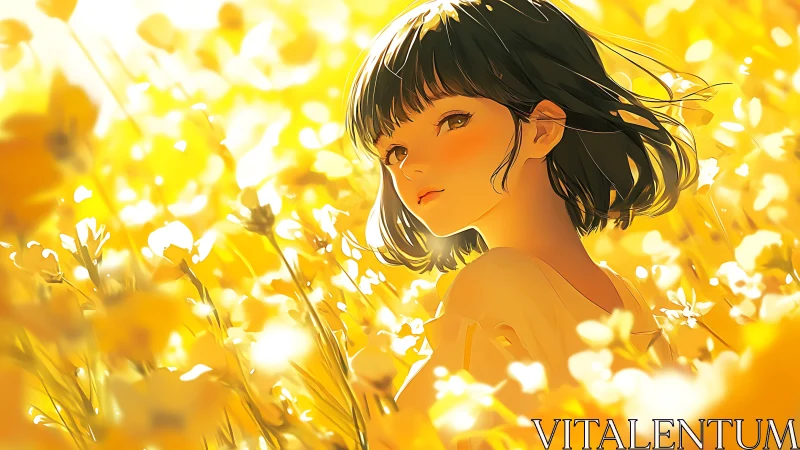 Sunlit anime girl in glowing yellow flower meadow.