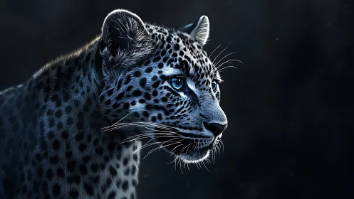 Moonlit leopard gaze carved from midnight shadow and frost.