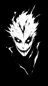 Stark monochrome demonic face with jagged flame hair.