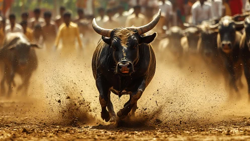 Photorealistic buffalo charge with dynamic motion perspective.