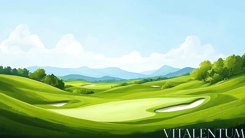Digital painting of sunlit golf course with rolling fairways.