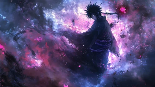 Dark anime sorcerer within swirling cosmic violet storm.
