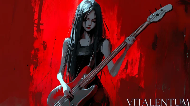 Gothic bassist silhouette rendered against high contrast red field