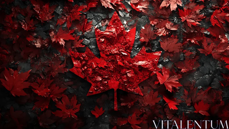 Textured red maple leaf emblem on dark leafy background.