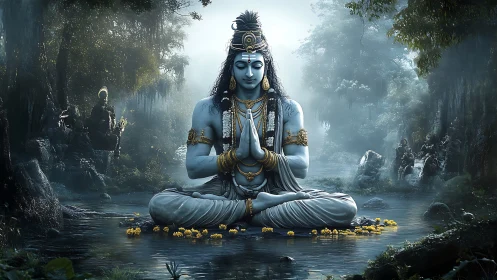 Riverborn blue deity in forest hush, dreaming of stillness.