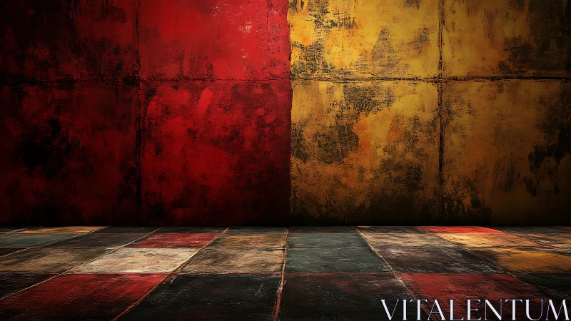 Grunge checkered room split by blazing red and gold wall.