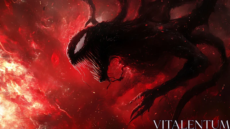 Symbiotic shadow entity in turbulent red nebular vortex.