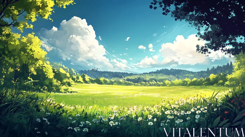 Sunlit meadow dreaming beneath cloud-brushed summer skies.