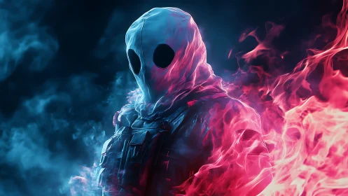 Hooded spectral figure emerges amid blue and pink flames.