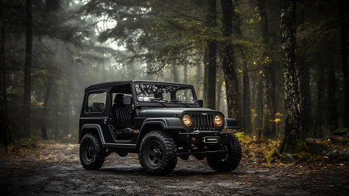 Forest fog bends around a rugged off‑road explorer in wait