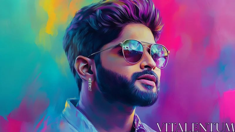 Stylized portrait of bearded man with sunglasses on neon background.