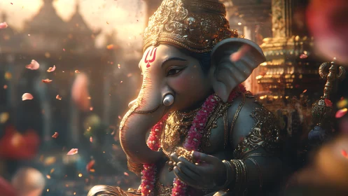 Detailed digital depiction of Lord Ganesha statue in temple.